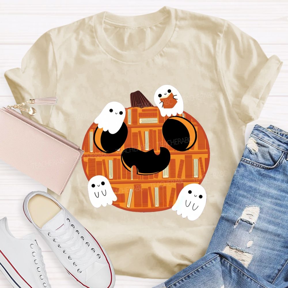 Bookshelf Pumpkin Cute Ghosts Teacher T-shirt