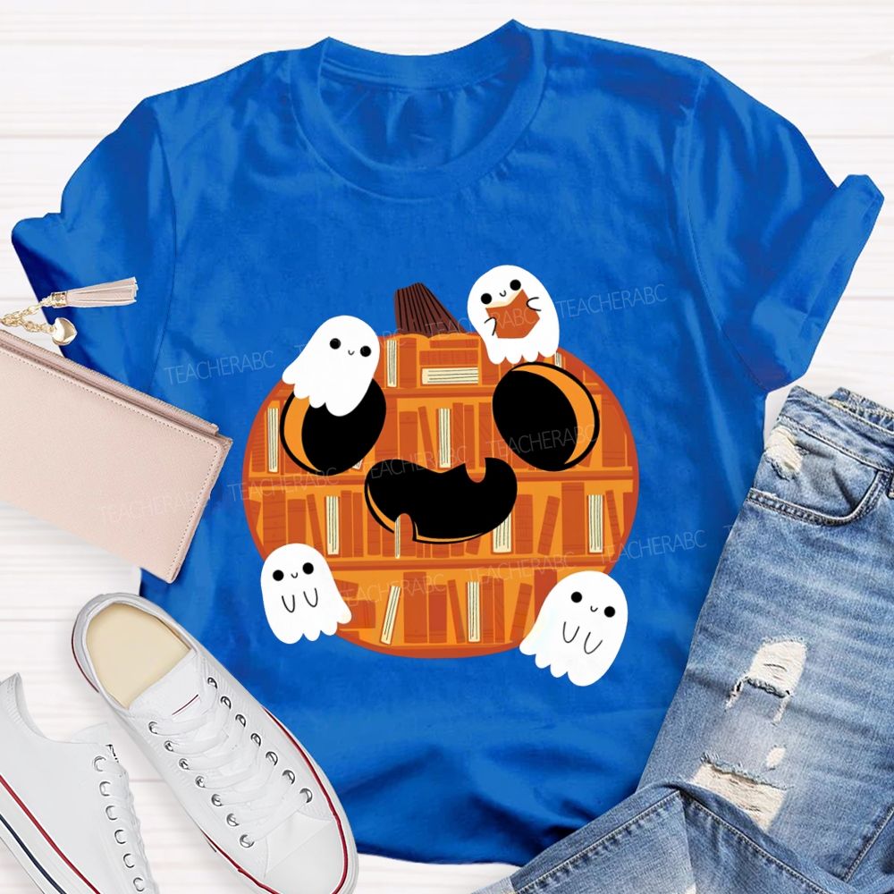 Bookshelf Pumpkin Cute Ghosts Teacher T-shirt