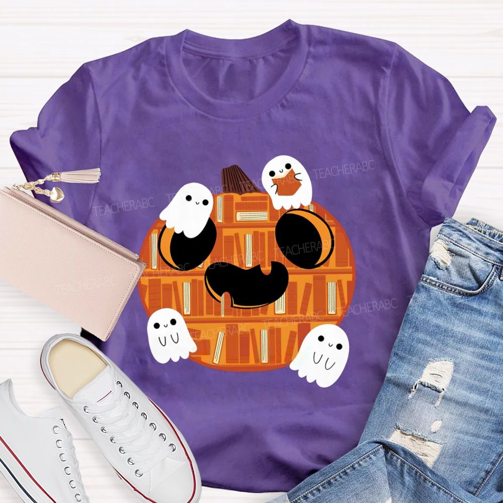 Bookshelf Pumpkin Cute Ghosts Teacher T-shirt