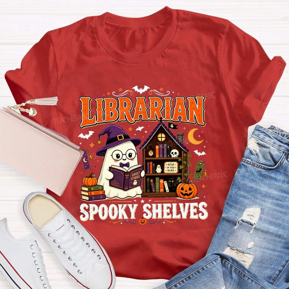 Librarian Spooky Shelves Ghost Witch Hat Halloween Librarian T-shirt