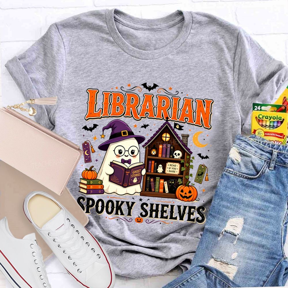 Librarian Spooky Shelves Ghost Witch Hat Halloween Librarian T-shirt