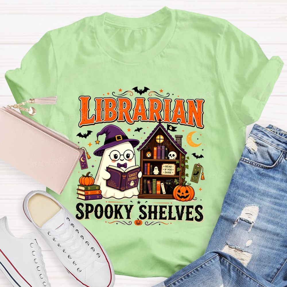 Librarian Spooky Shelves Ghost Witch Hat Halloween Librarian T-shirt
