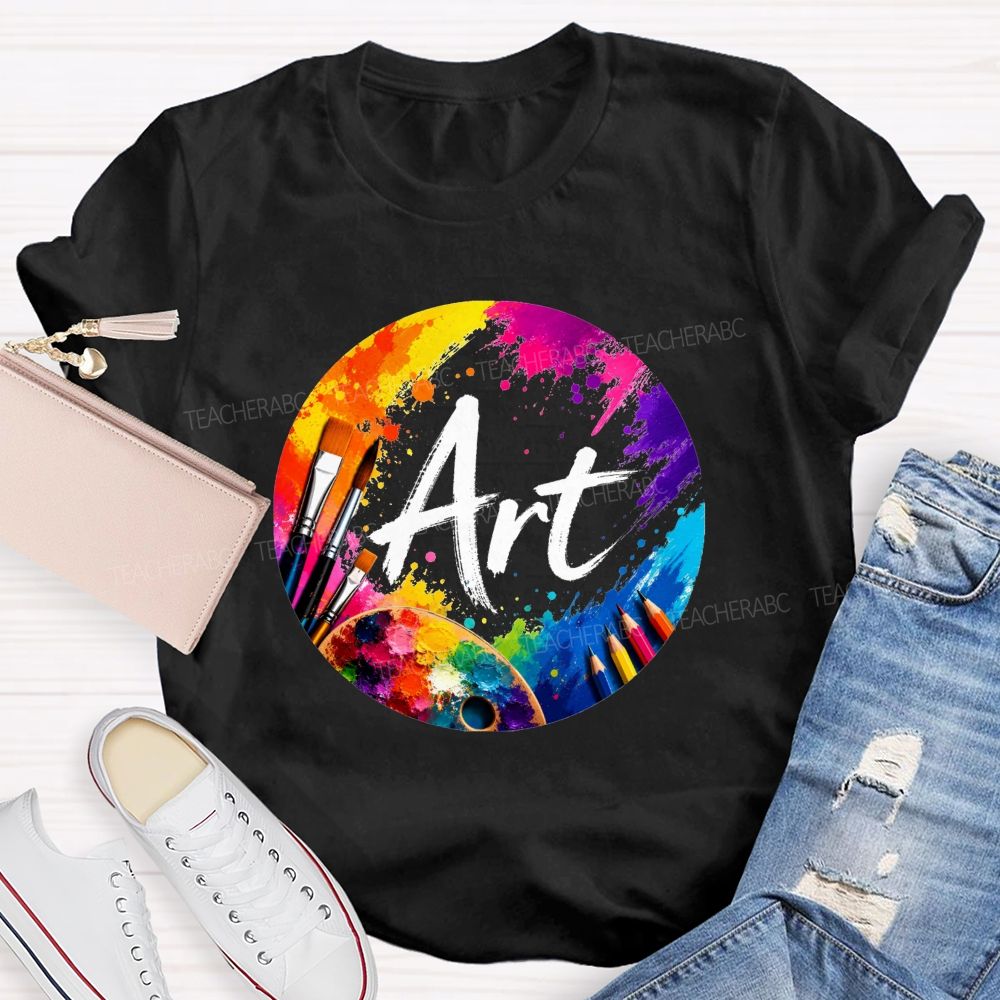 Colorful Art Circle Paint Splatter Palette Paintbrush Artist Teacher T-shirt