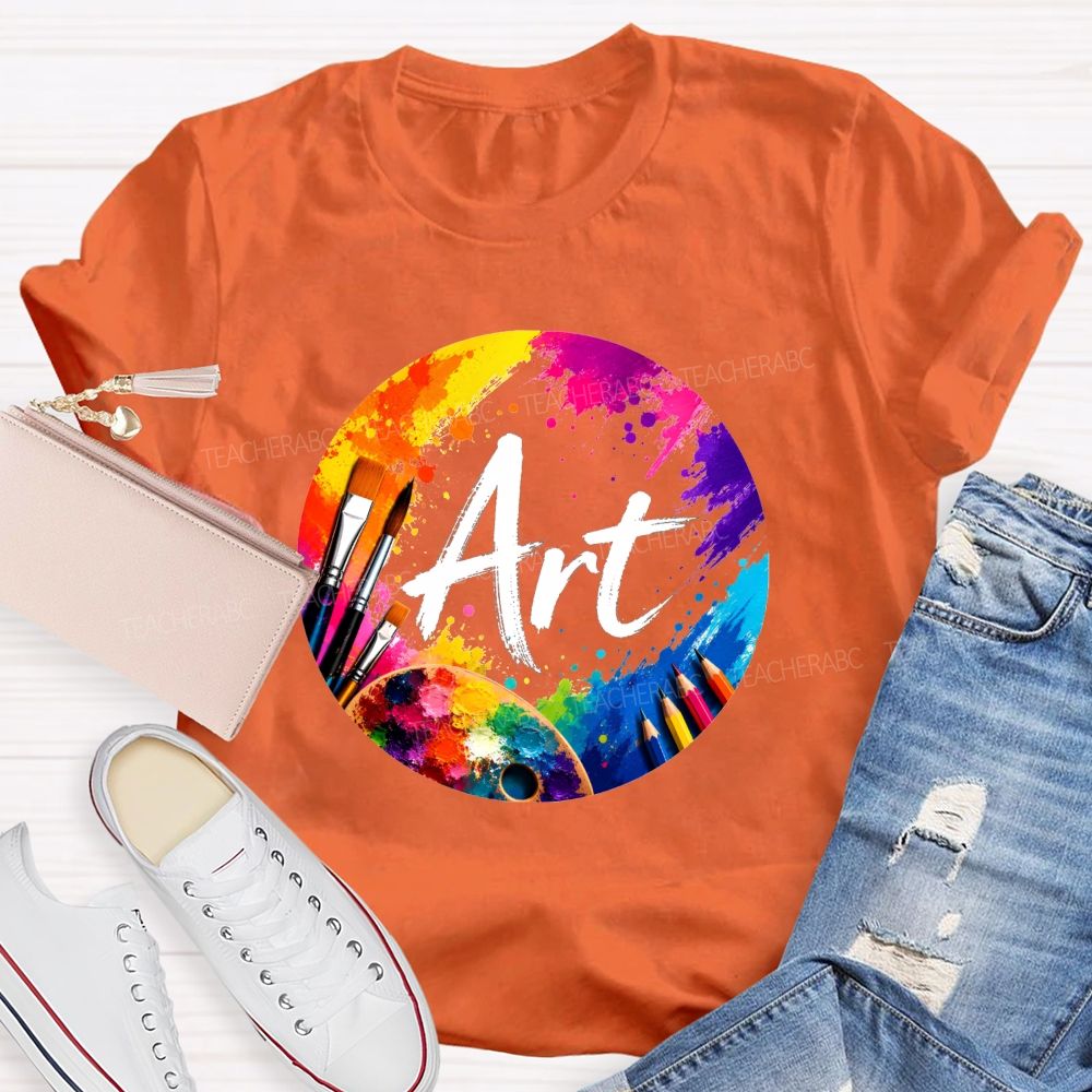 Colorful Art Circle Paint Splatter Palette Paintbrush Artist Teacher T-shirt
