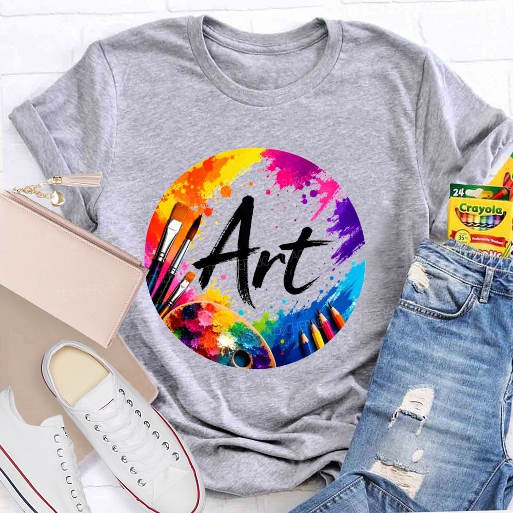 Colorful Art Circle Paint Splatter Palette Paintbrush Artist Teacher T-shirt