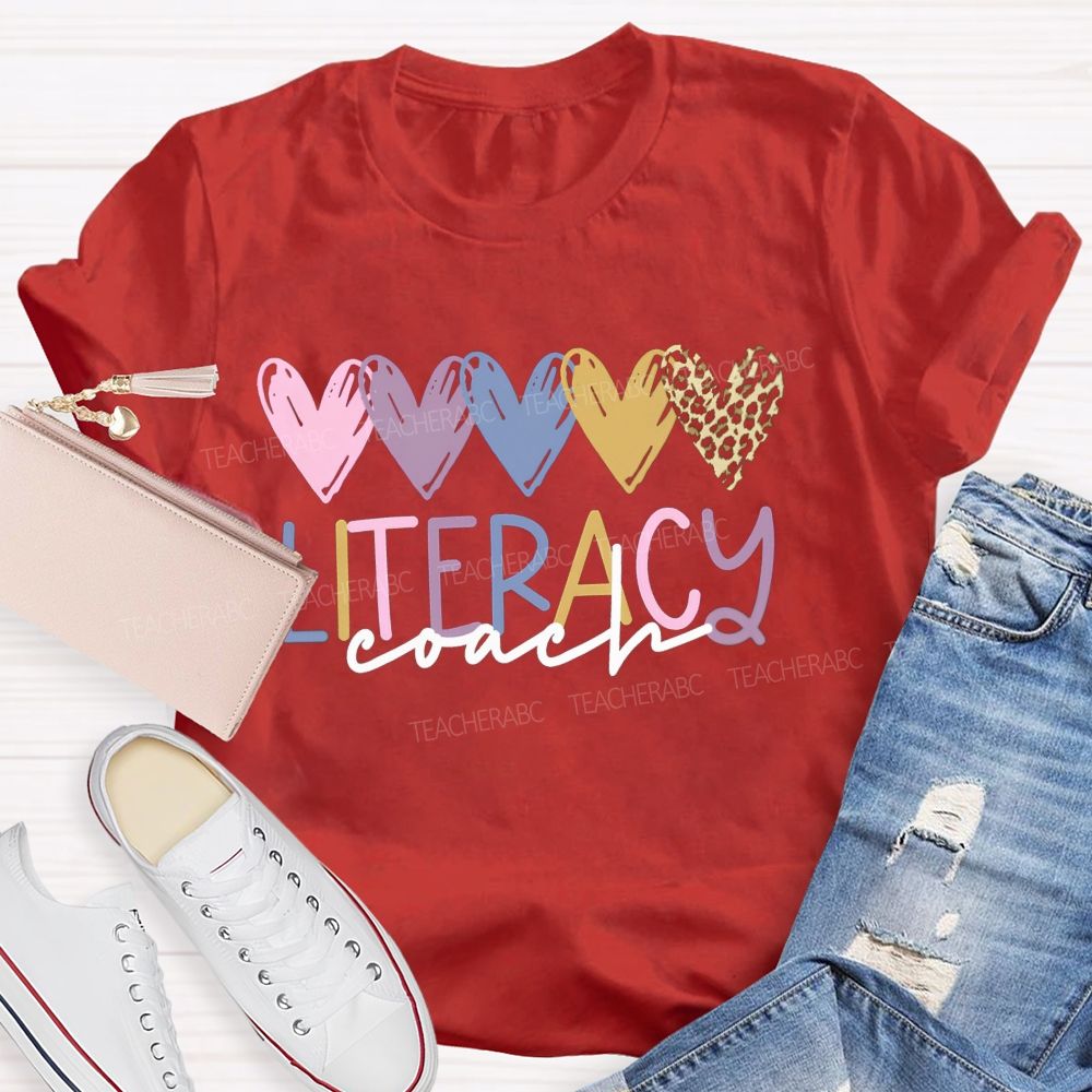 Literacy Coach Colorful Hearts Leopard Teacher T-shirt
