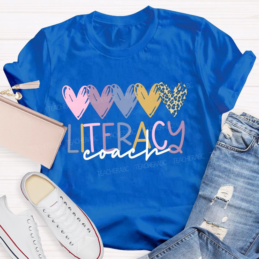 Literacy Coach Colorful Hearts Leopard Teacher T-shirt