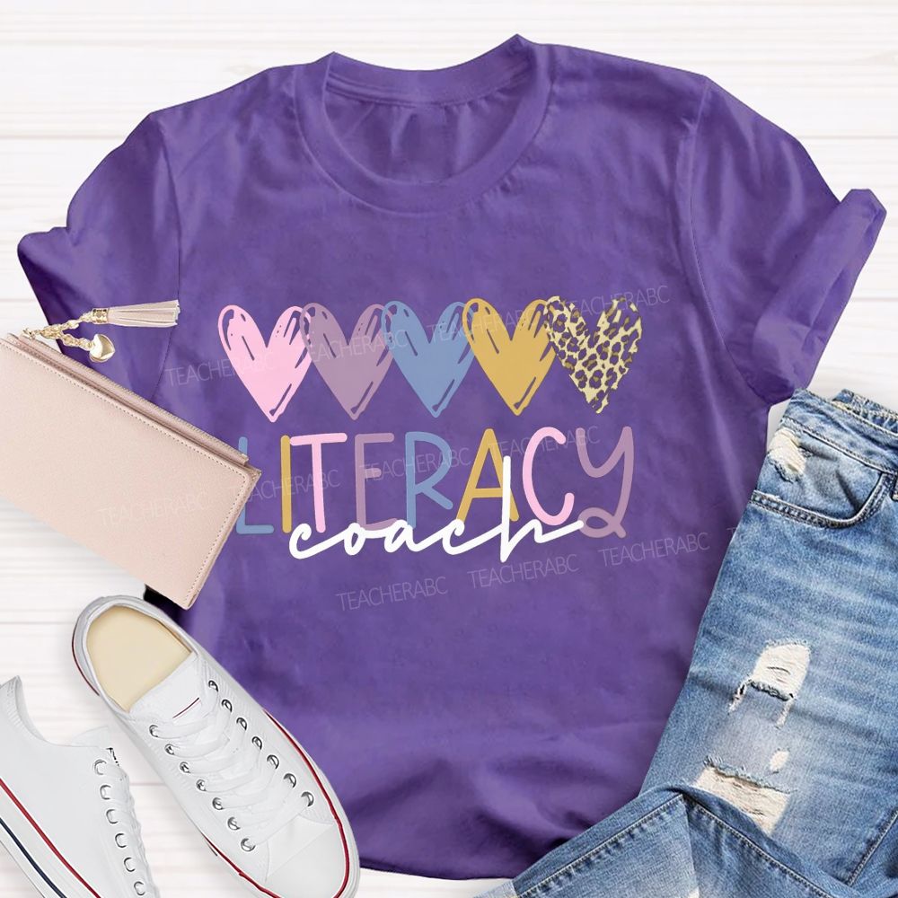 Literacy Coach Colorful Hearts Leopard Teacher T-shirt