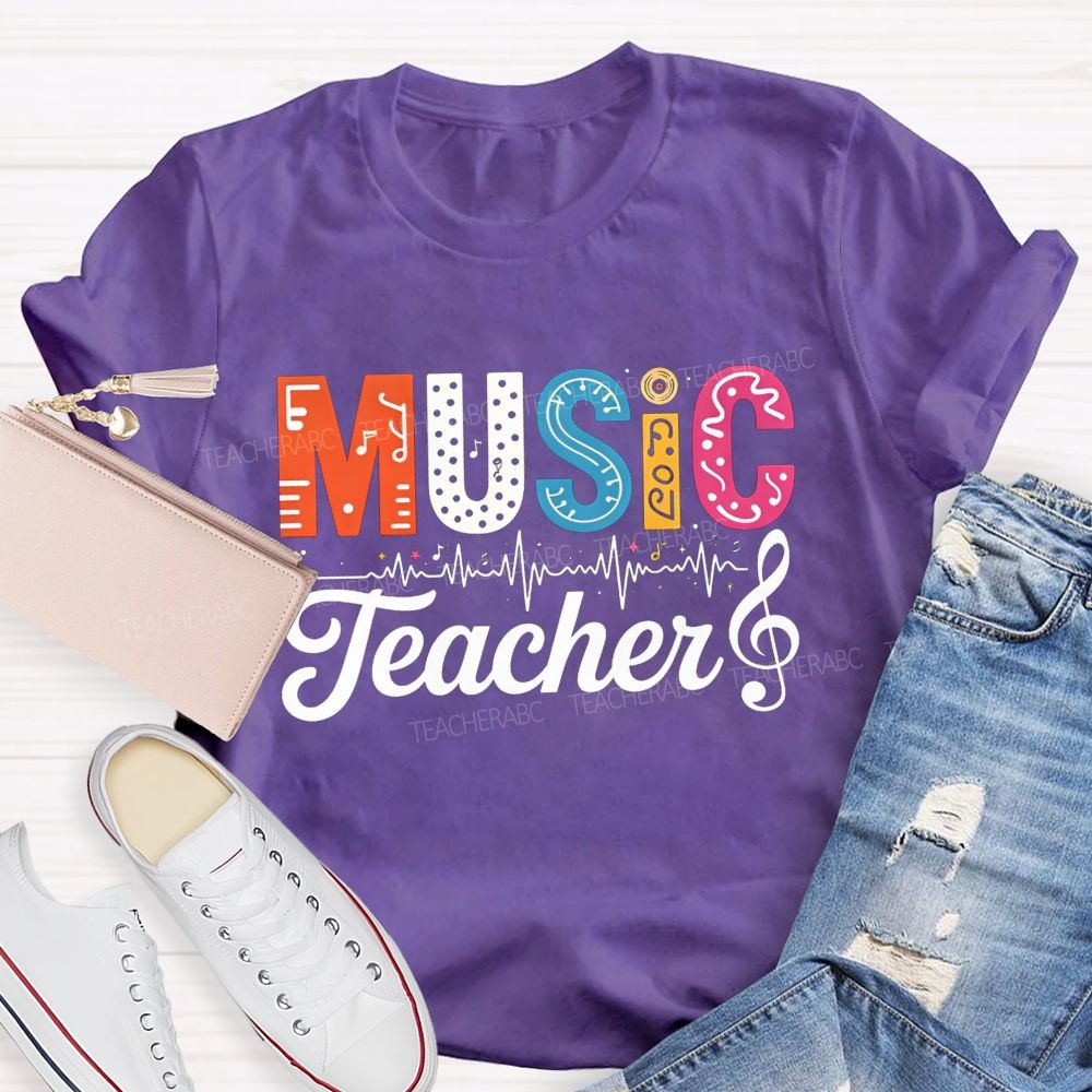 Music Teacher Colorful Letter Music Note Teacher T-shirt