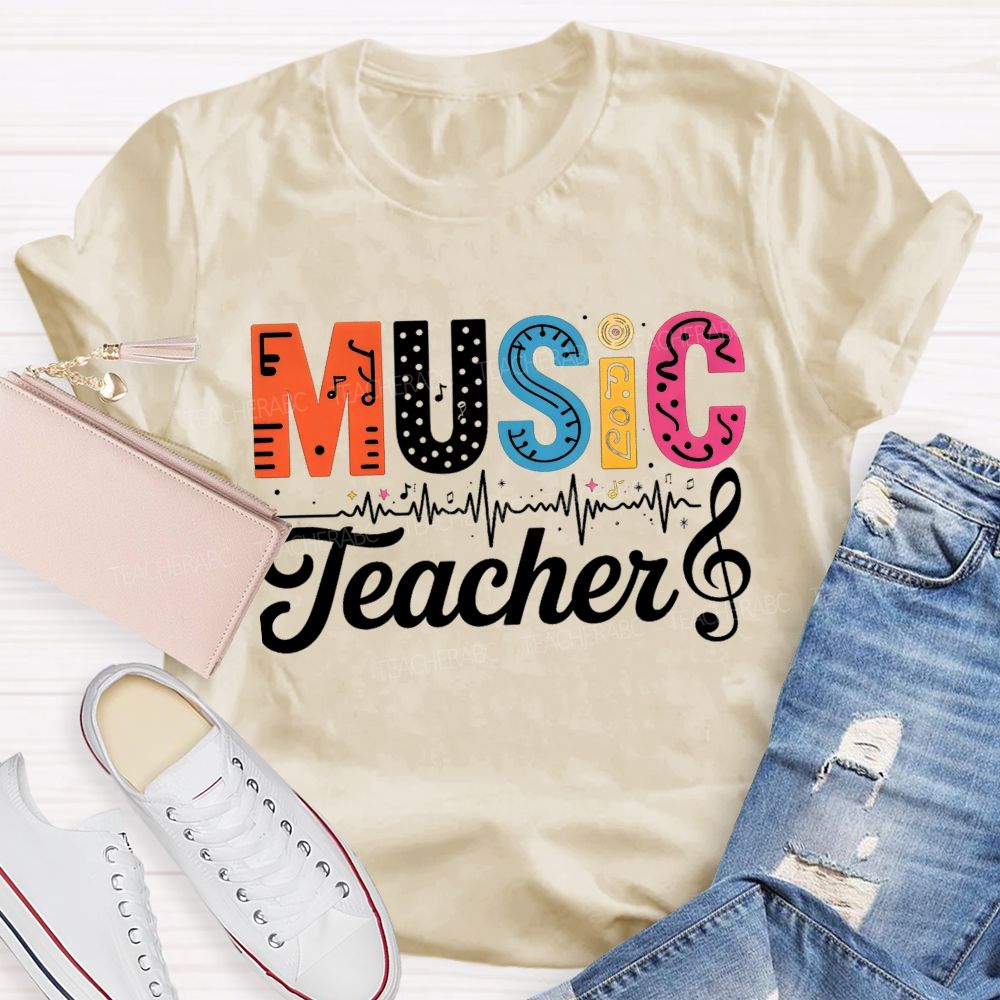 Music Teacher Colorful Letter Music Note Teacher T-shirt