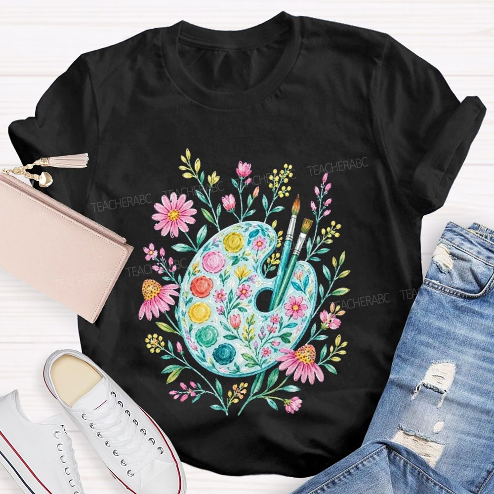 Watercolor Floral Paint Palette Artist Teacher T-shirt