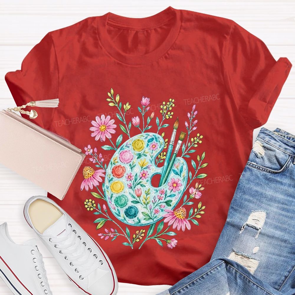 Watercolor Floral Paint Palette Artist Teacher T-shirt