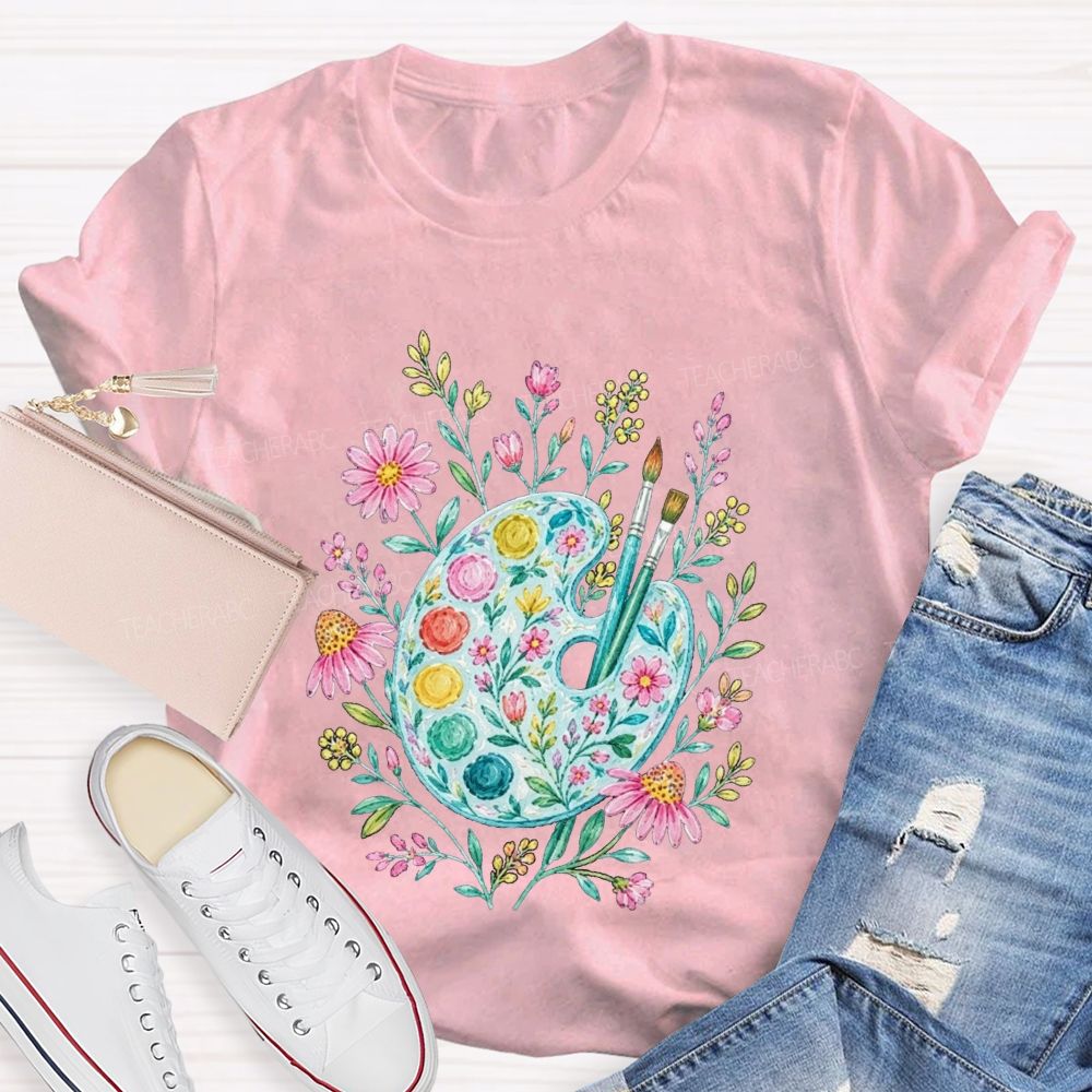 Watercolor Floral Paint Palette Artist Teacher T-shirt