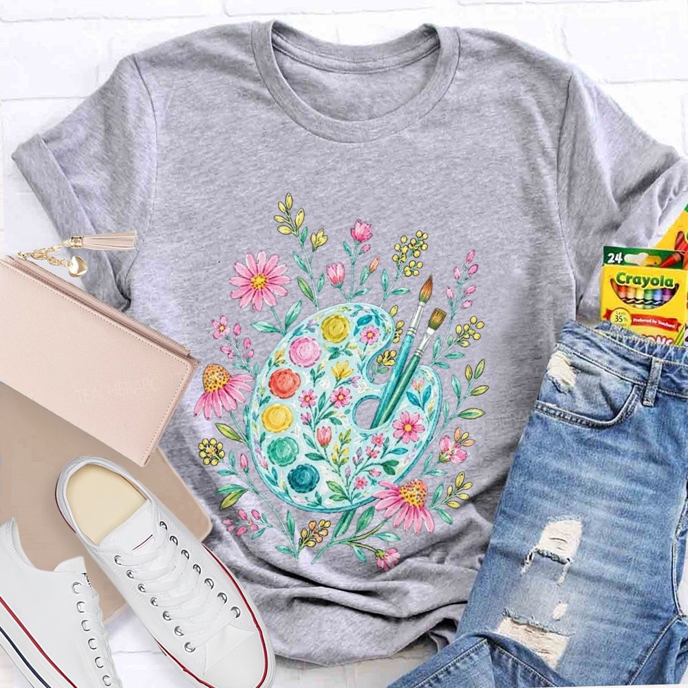 Watercolor Floral Paint Palette Artist Teacher T-shirt