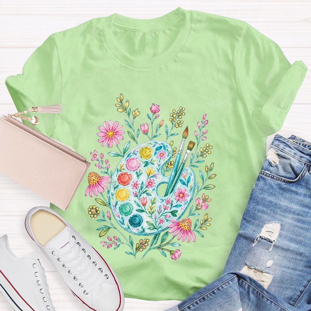 Watercolor Floral Paint Palette Artist Teacher T-shirt