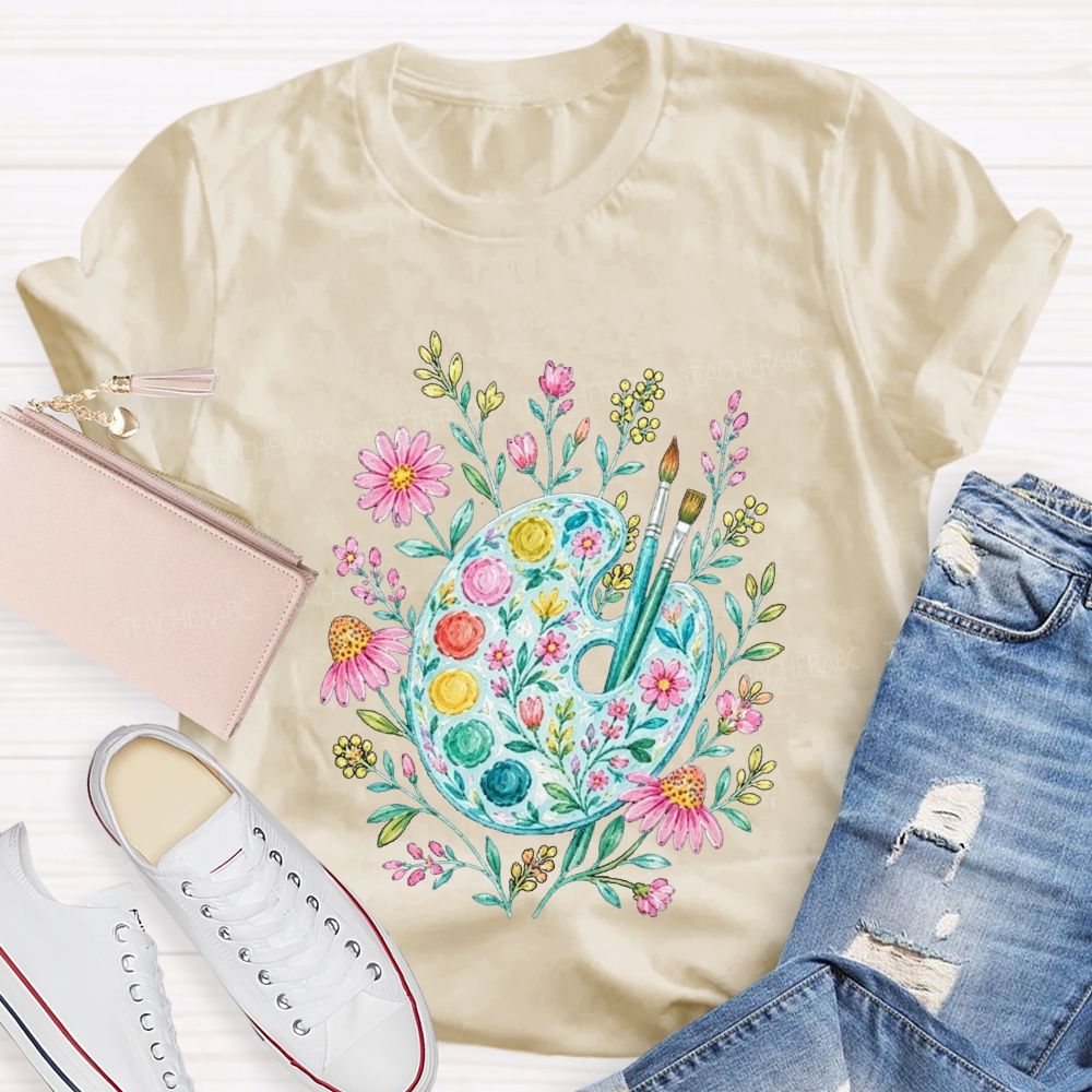 Watercolor Floral Paint Palette Artist Teacher T-shirt