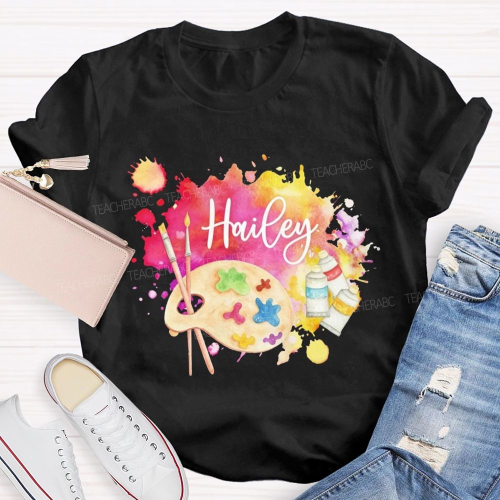 Personalized Name Art Teacher Watercolor Paint Splash Artist Palette Teacher T-shirt