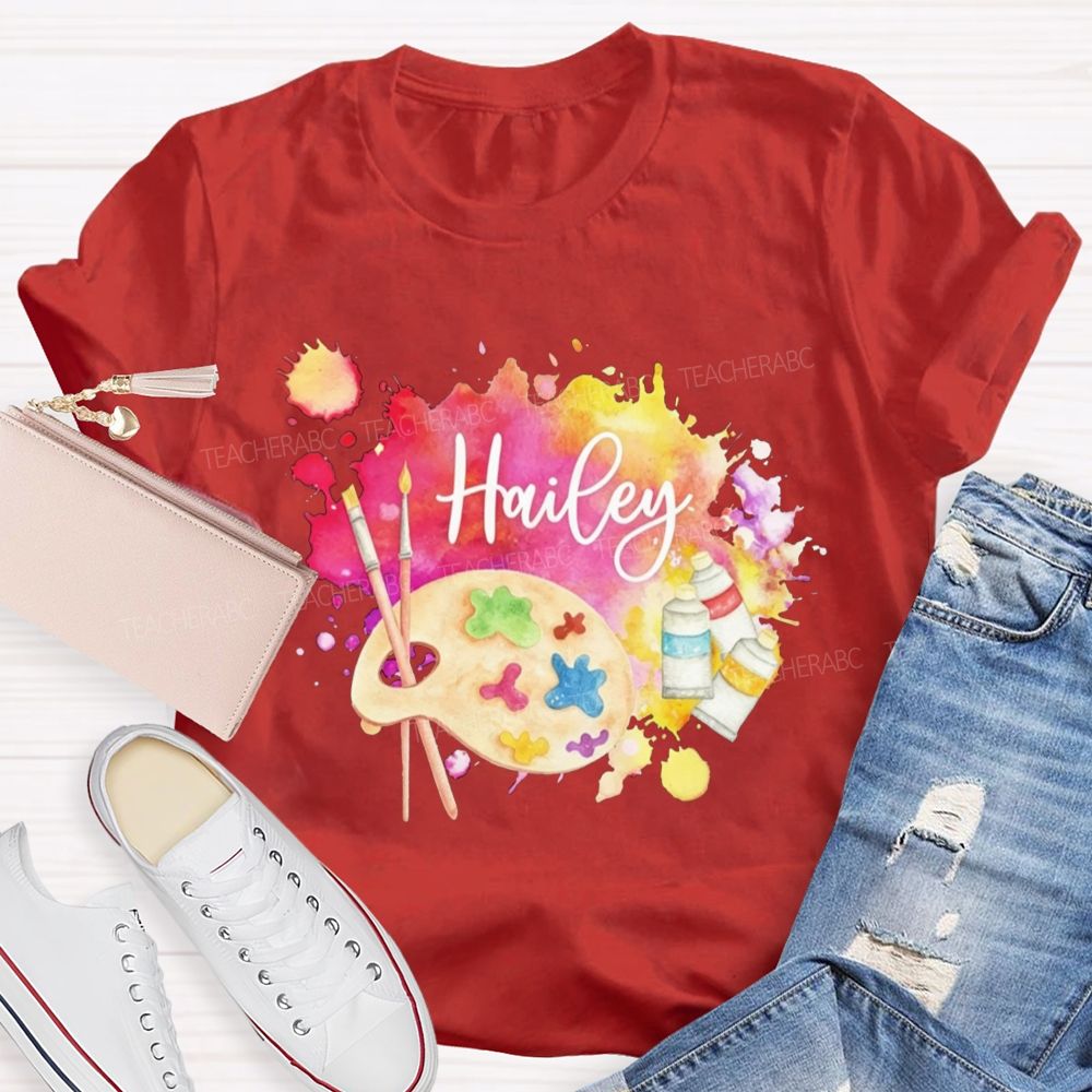 Personalized Name Art Teacher Watercolor Paint Splash Artist Palette Teacher T-shirt