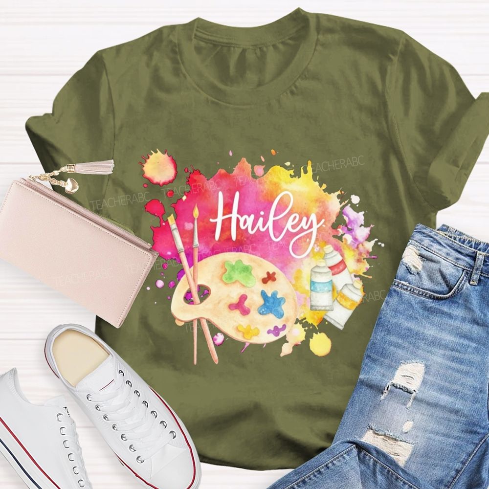 Personalized Name Art Teacher Watercolor Paint Splash Artist Palette Teacher T-shirt