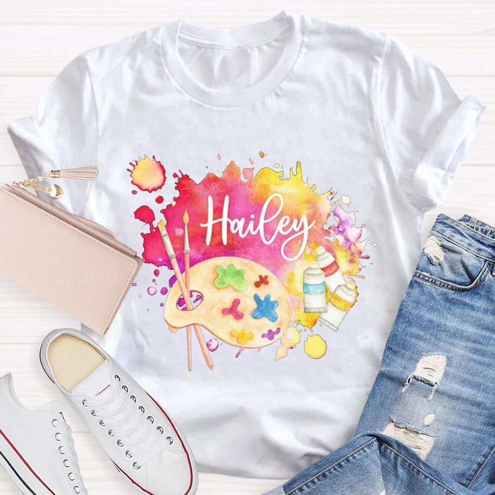 Personalized Name Art Teacher Watercolor Paint Splash Artist Palette Teacher T-shirt