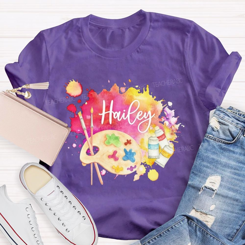 Personalized Name Art Teacher Watercolor Paint Splash Artist Palette Teacher T-shirt