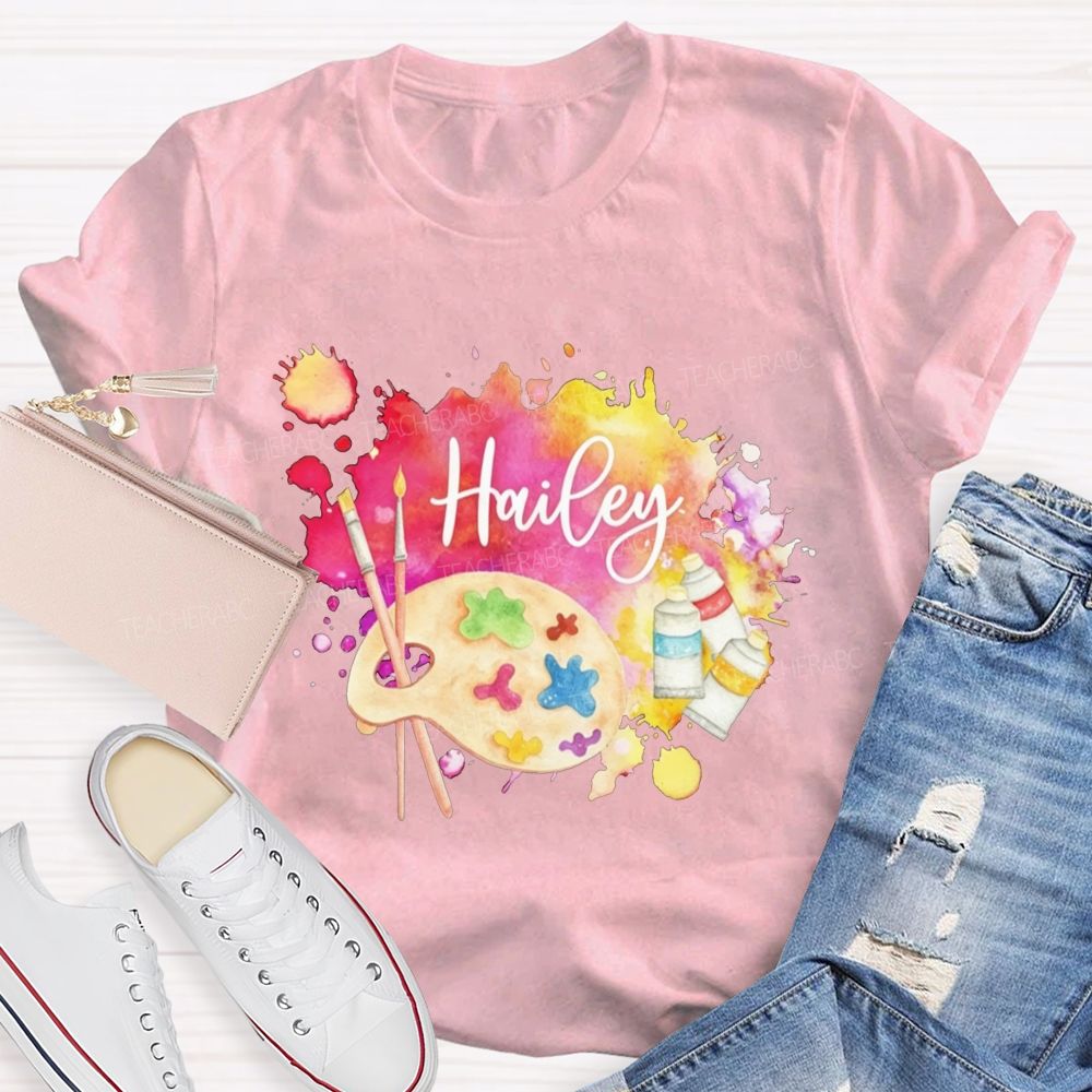 Personalized Name Art Teacher Watercolor Paint Splash Artist Palette Teacher T-shirt