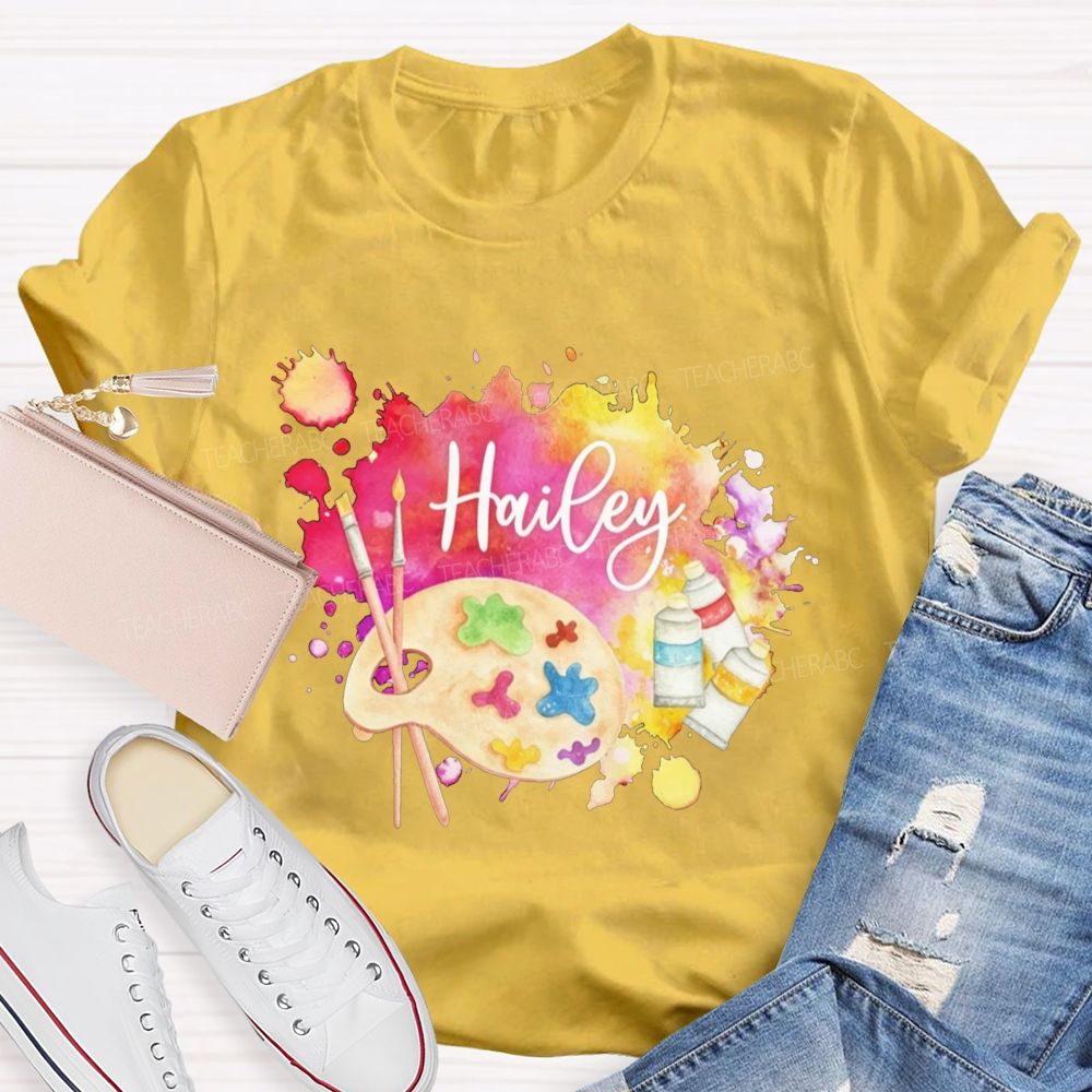 Personalized Name Art Teacher Watercolor Paint Splash Artist Palette Teacher T-shirt