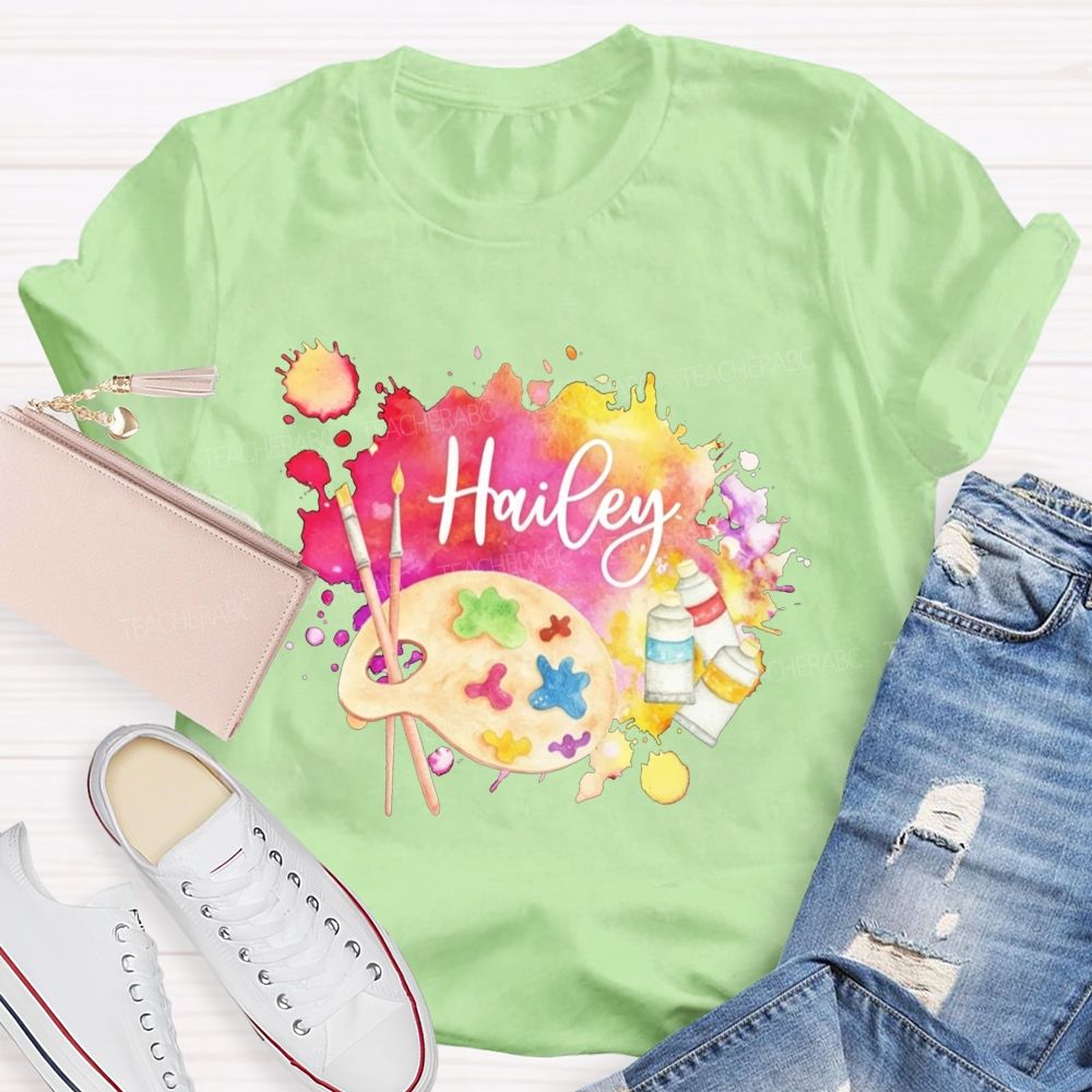 Personalized Name Art Teacher Watercolor Paint Splash Artist Palette Teacher T-shirt