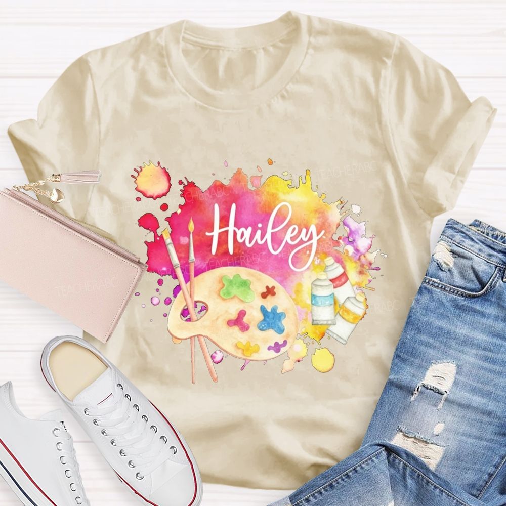 Personalized Name Art Teacher Watercolor Paint Splash Artist Palette Teacher T-shirt