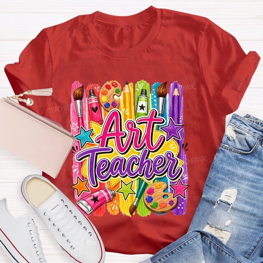 Art Teacher Colorful Paint Strokes Paint Palette Brush Pencil Star Teacher T-shirt