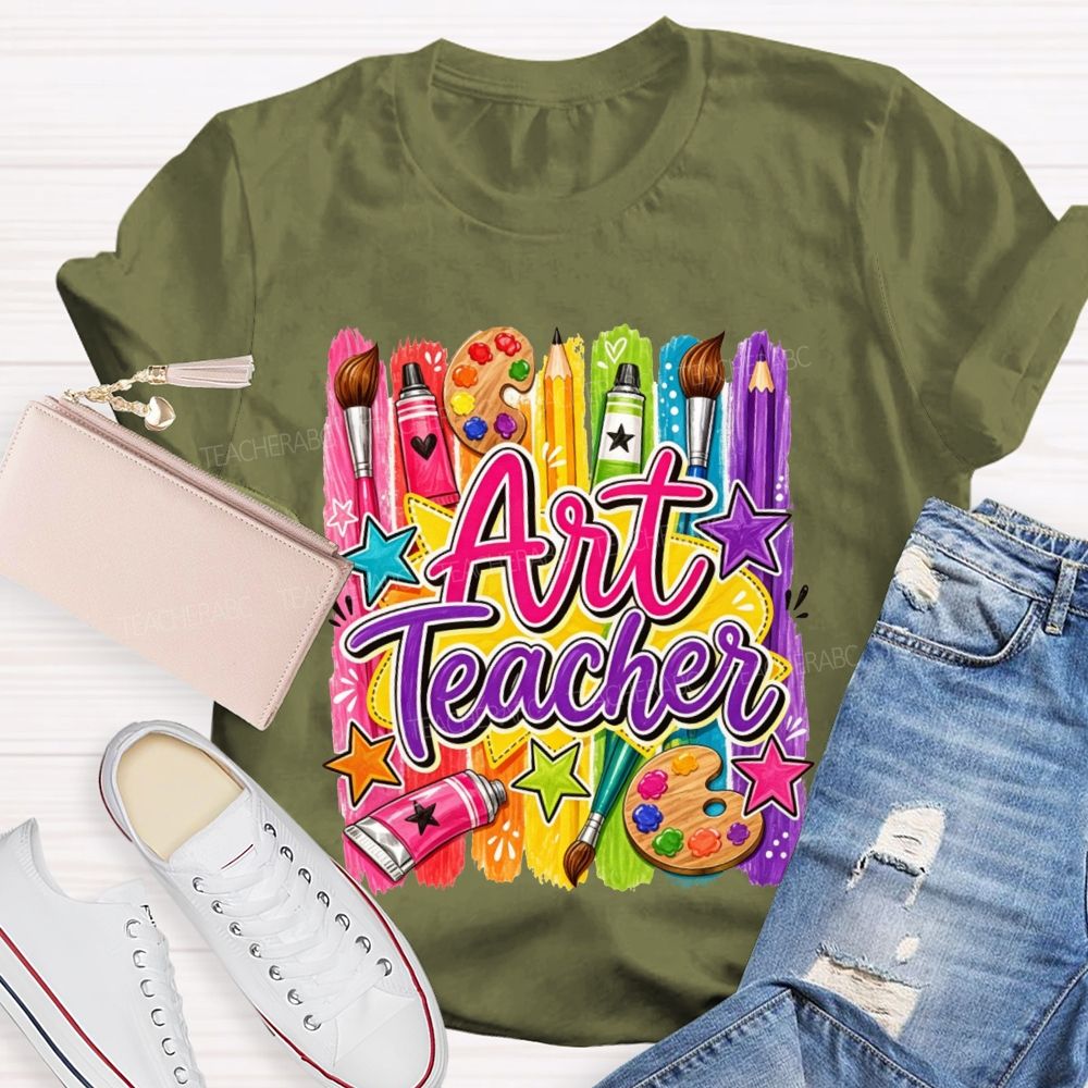 Art Teacher Colorful Paint Strokes Paint Palette Brush Pencil Star Teacher T-shirt