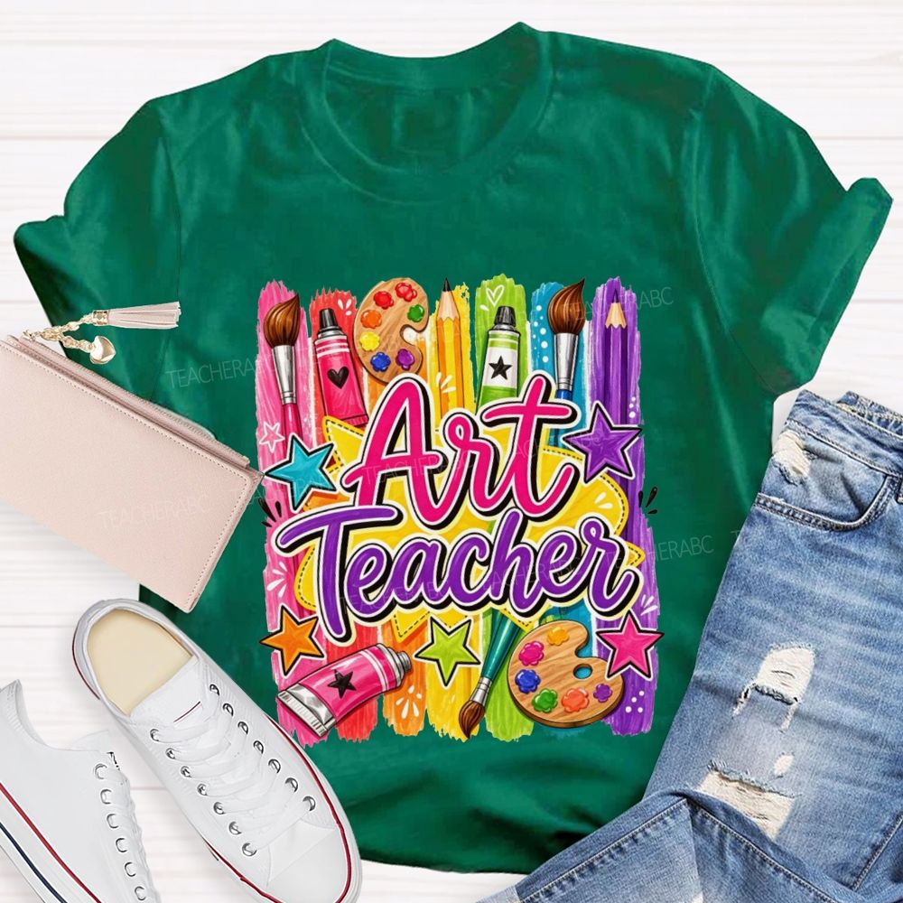 Art Teacher Colorful Paint Strokes Paint Palette Brush Pencil Star Teacher T-shirt