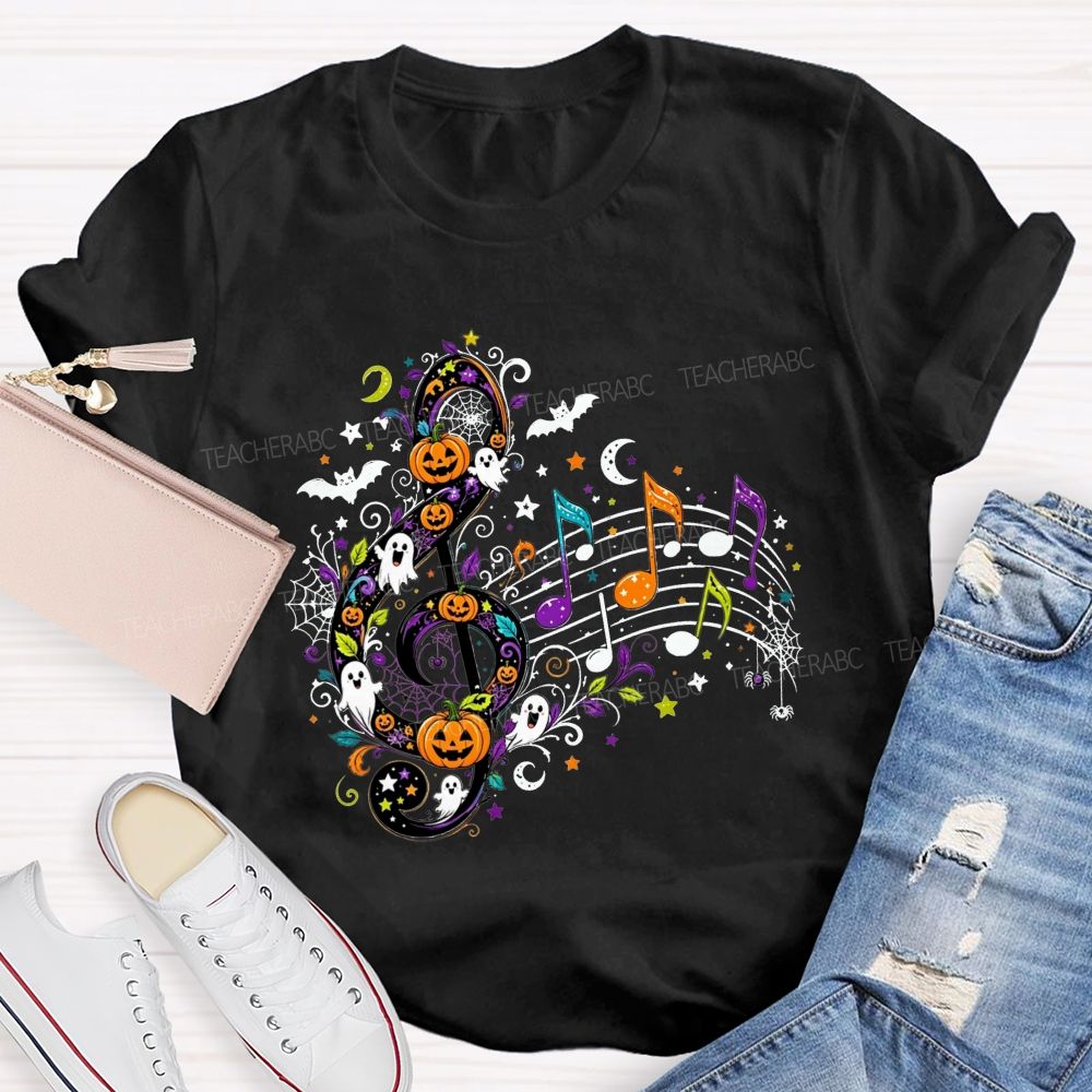 Halloween Treble Clef Ghost Pumpkin Bat Music Note Teacher T-shirt
