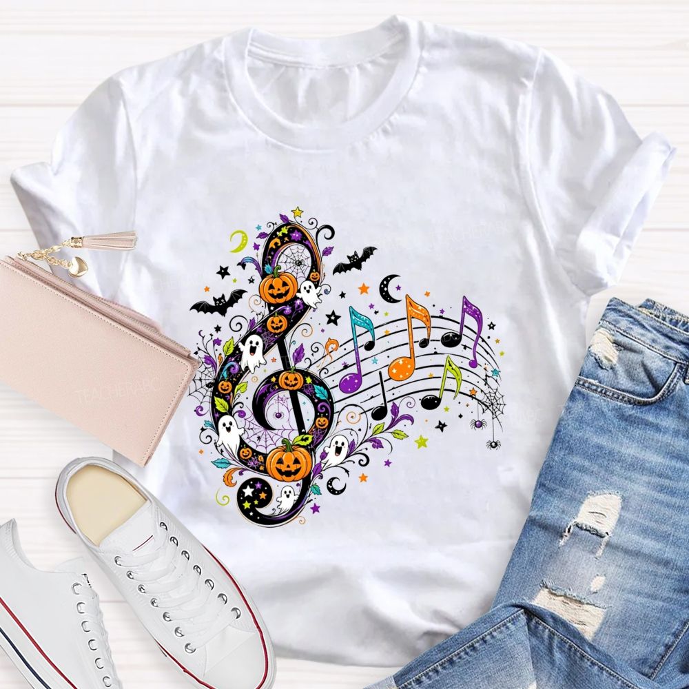 Halloween Treble Clef Ghost Pumpkin Bat Music Note Teacher T-shirt