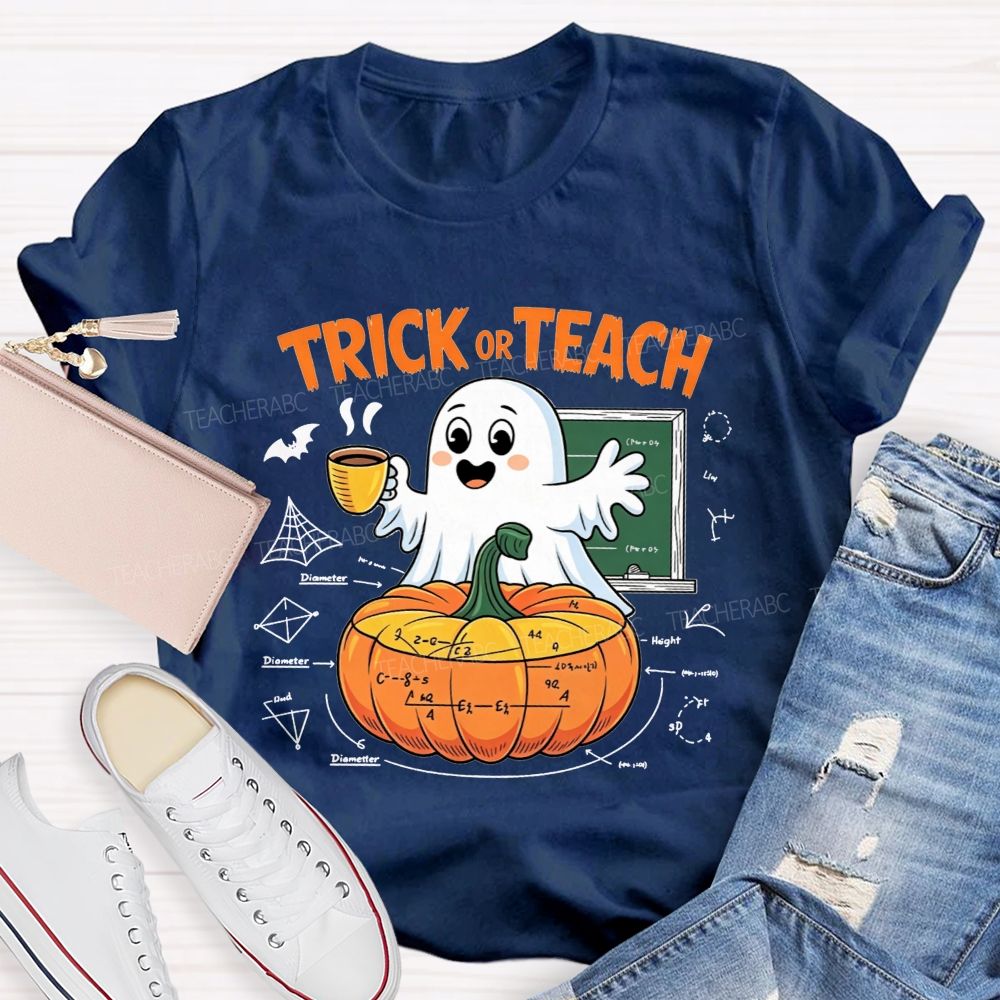 Trick Or Teach Cute Ghost Coffee Pumpkin Math Teacher T-shirt