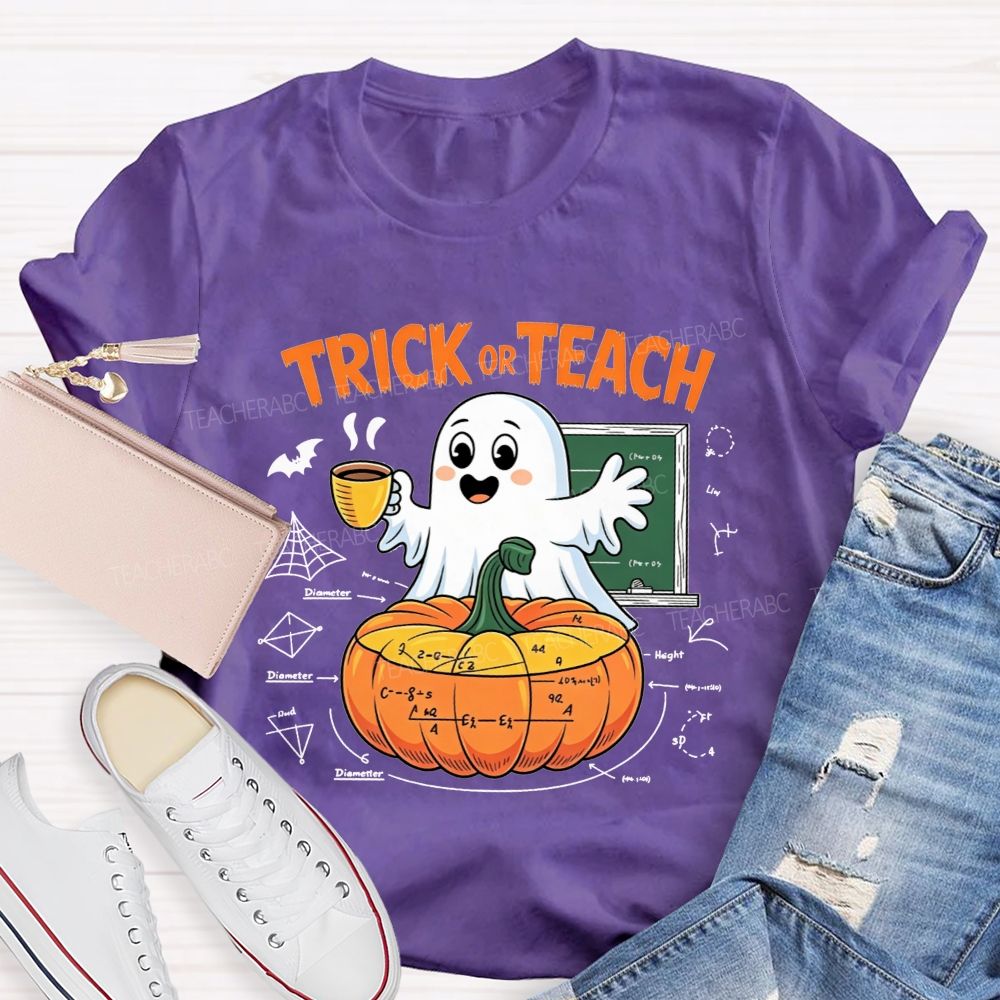 Trick Or Teach Cute Ghost Coffee Pumpkin Math Teacher T-shirt