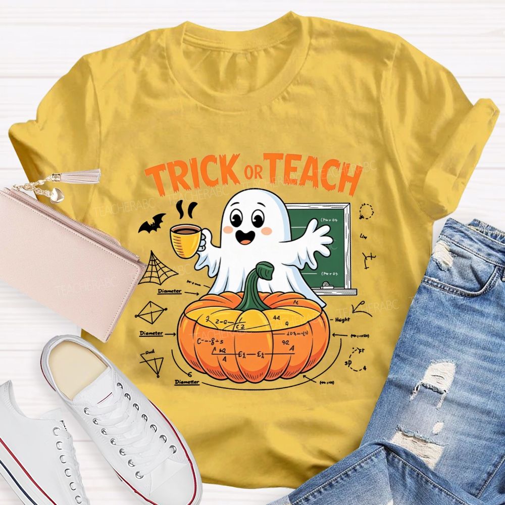 Trick Or Teach Cute Ghost Coffee Pumpkin Math Teacher T-shirt