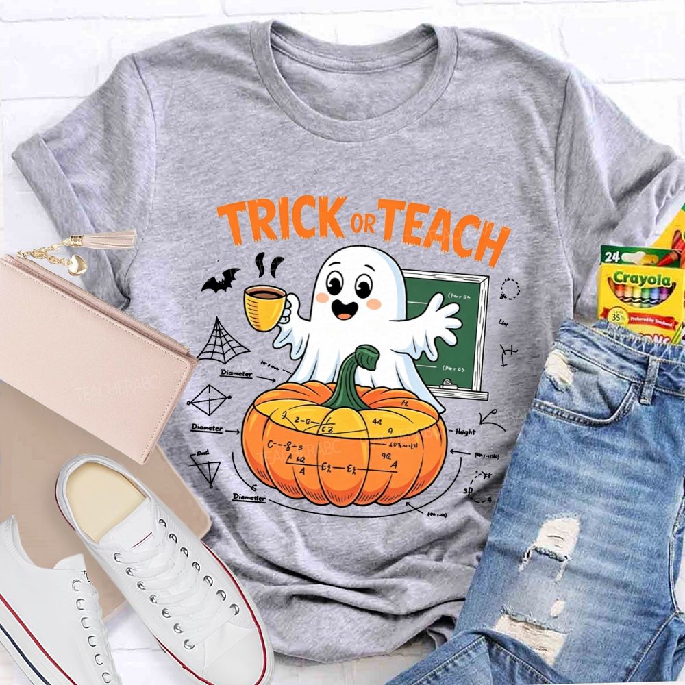 Trick Or Teach Cute Ghost Coffee Pumpkin Math Teacher T-shirt