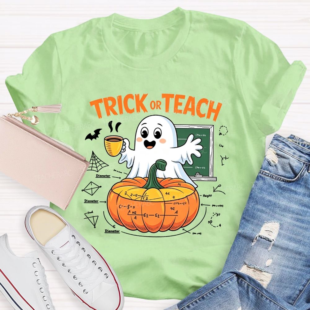 Trick Or Teach Cute Ghost Coffee Pumpkin Math Teacher T-shirt