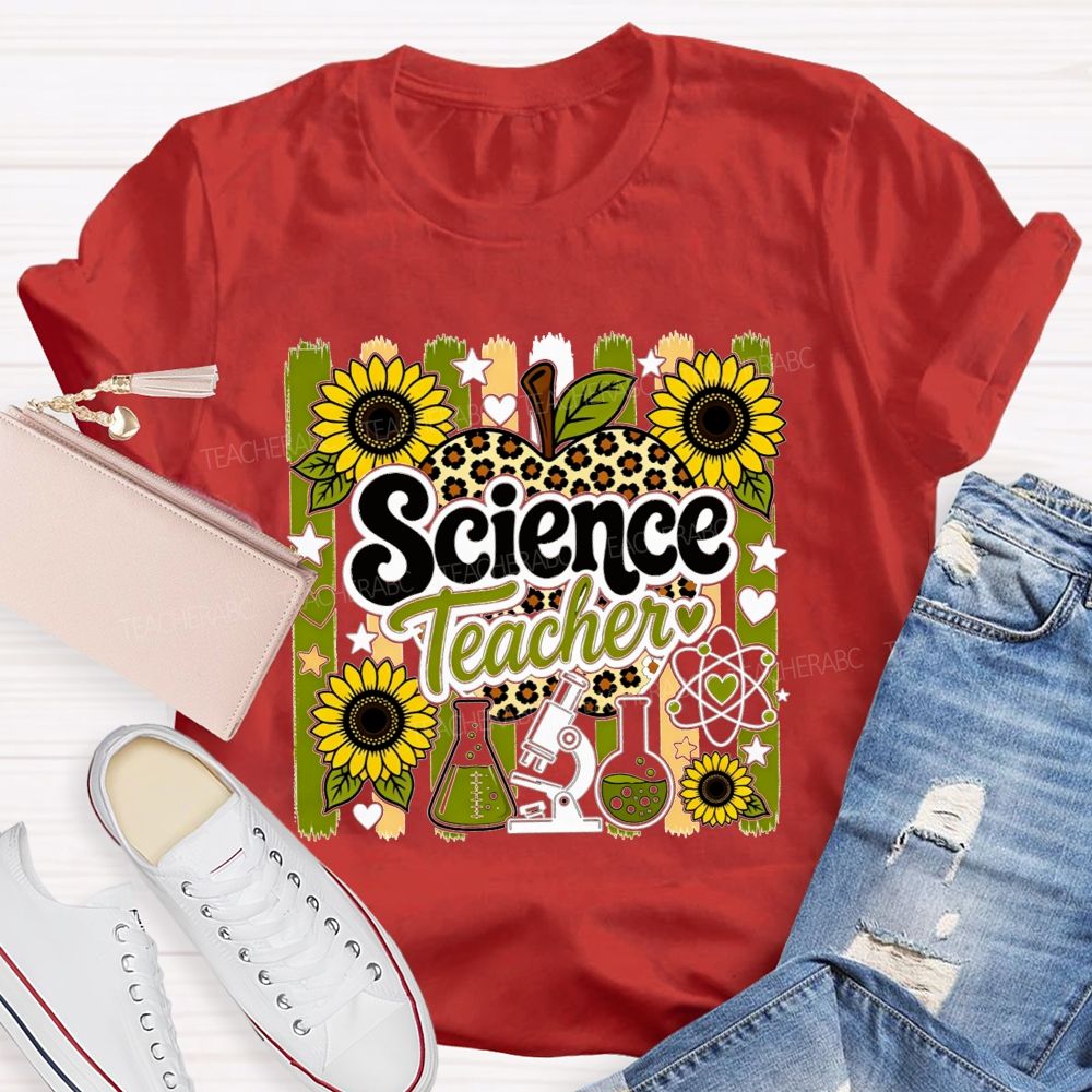 Science Teacher Sunflower Leopard Apple Microscope Beaker Teacher T-shirt