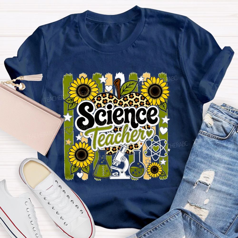 Science Teacher Sunflower Leopard Apple Microscope Beaker Teacher T-shirt