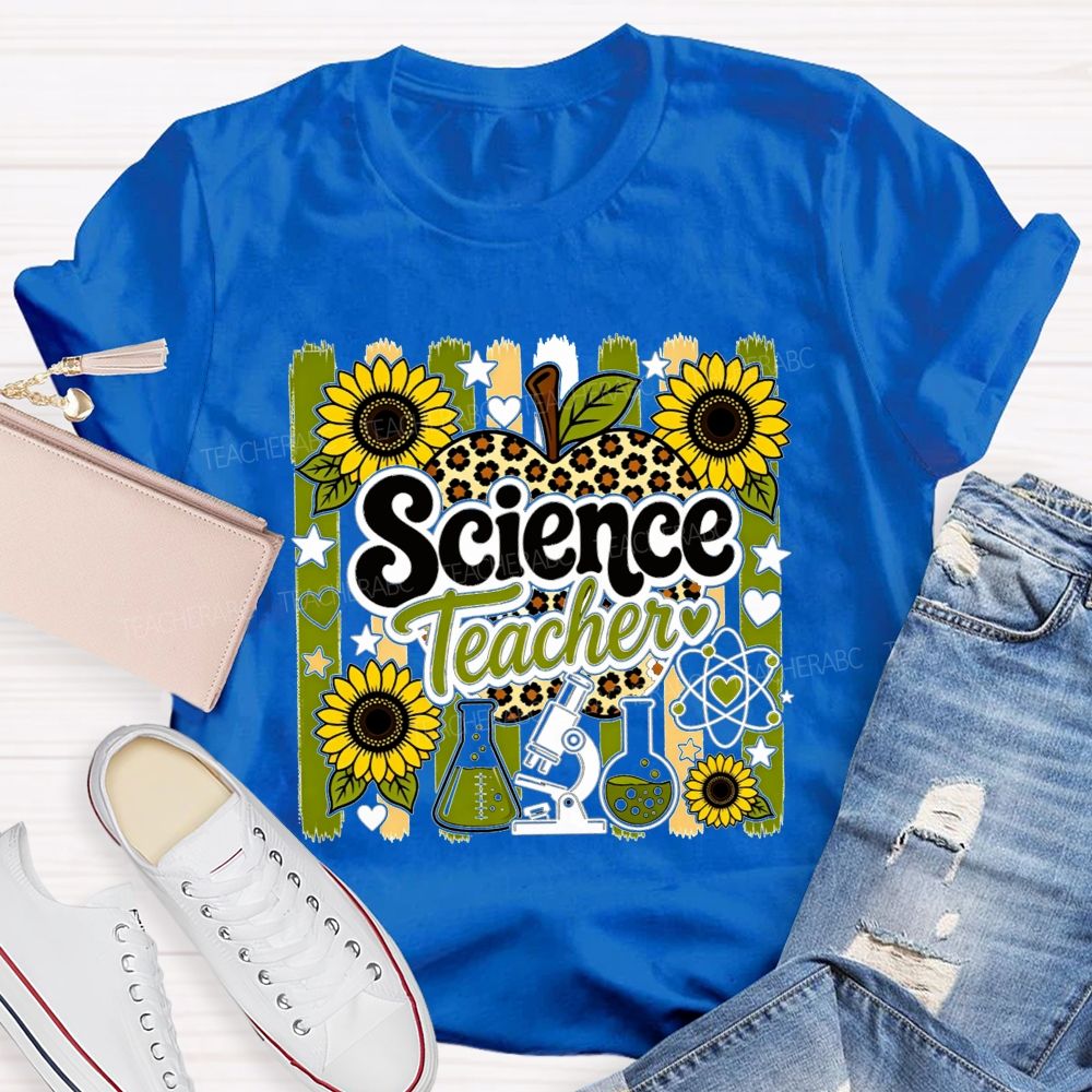 Science Teacher Sunflower Leopard Apple Microscope Beaker Teacher T-shirt