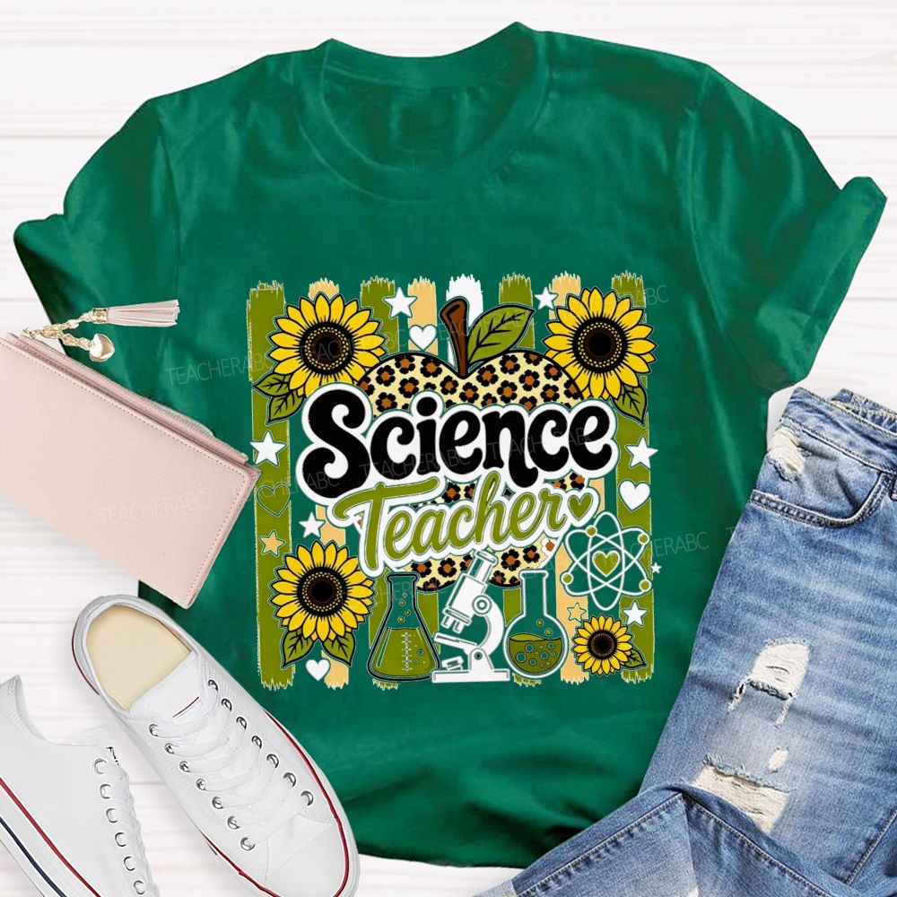 Science Teacher Sunflower Leopard Apple Microscope Beaker Teacher T-shirt