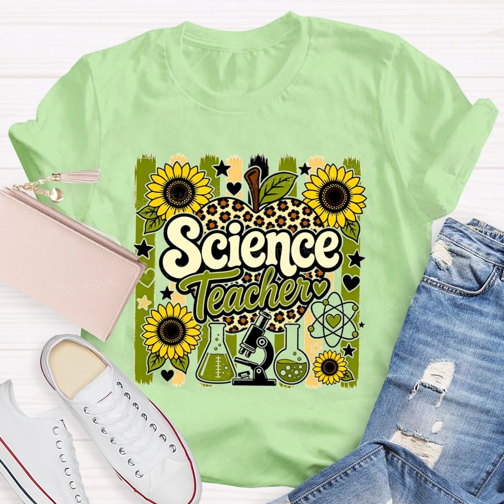 Science Teacher Sunflower Leopard Apple Microscope Beaker Teacher T-shirt