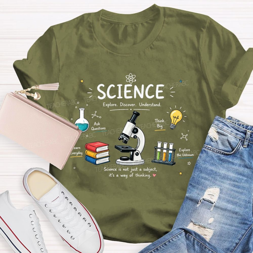 Science Explore Discover Understand Microscope Book Beaker Light Bulb Teacher T-shirt