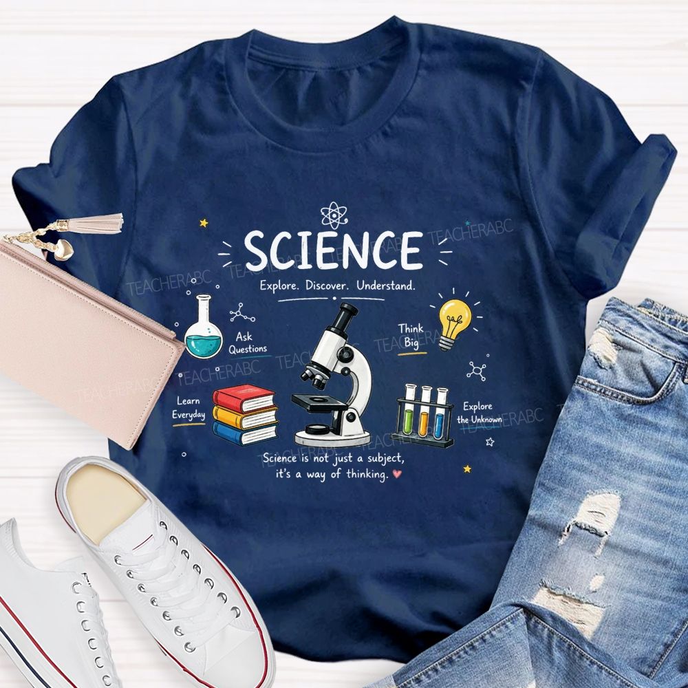 Science Explore Discover Understand Microscope Book Beaker Light Bulb Teacher T-shirt