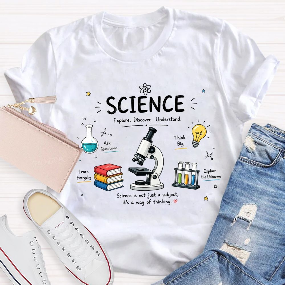 Science Explore Discover Understand Microscope Book Beaker Light Bulb Teacher T-shirt