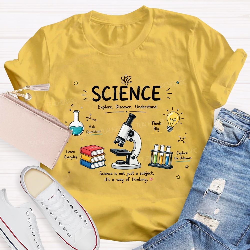 Science Explore Discover Understand Microscope Book Beaker Light Bulb Teacher T-shirt