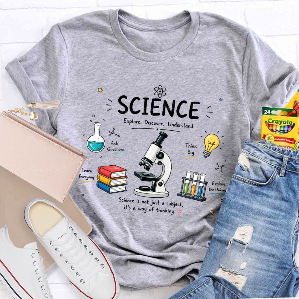 Science Explore Discover Understand Microscope Book Beaker Light Bulb Teacher T-shirt