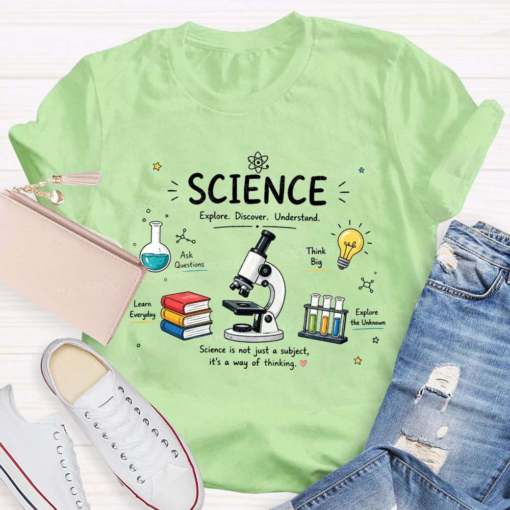 Science Explore Discover Understand Microscope Book Beaker Light Bulb Teacher T-shirt